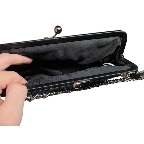 Fossil Y2K Black Leather & Chain Jacquard Fabric Mini Purse Kiss-Lock Closure - Picture 4 of 8